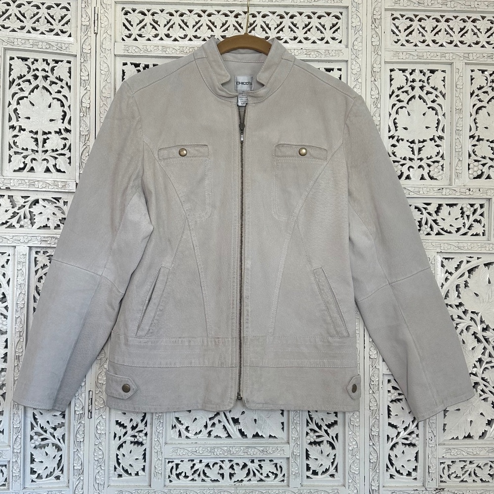 Chicos Light Beige Natural Zip Up Genuine Suede Leather Moto Jacket Sz Large‎